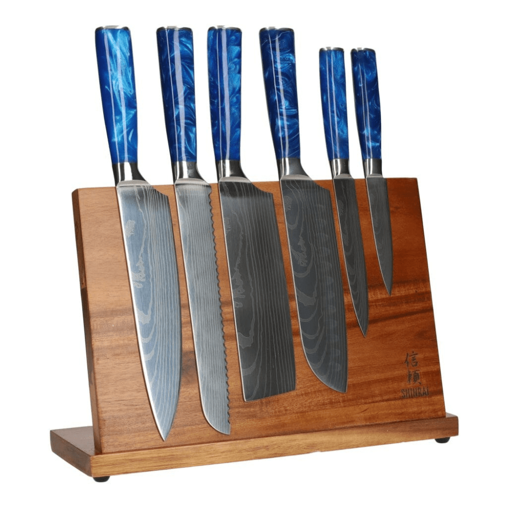 Epoxy Sapphire Damascus Print 6-Delige Messenset + Acacia houder enkelzijdig Messenset met blok Shinrai Knives