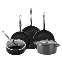 Batterie de cuisine GreenPan - Barcelona Pro XL 6 pièces (20/24/28/22 cm) : 2 poêles à frire, 1 cocotte avec couvercle, 1 wok et 1 plat à gratin.
