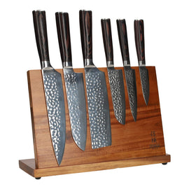 Hammered stainless steel 6-piece Knife set + Acacia holder single sided Hammered RVS 6-delige Messenset + Acacia houder enkelzijdig Messenset met blok Shinrai Japan