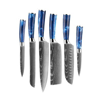 Shinrai Japan - Epoxy Sapphire Damascus Print 6-delige Messenset + Magnetisch Messenblok Scalae - Acacia hout Messenset met blok Shinrai Japan