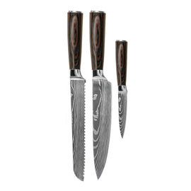 Couteaux Shinrai - Ensemble de 3 couteaux imprimés Damas - Couteau de chef + Couteau à pain + Couteau d'office Shinrai Knives - Damascus Print 3-delige Messenset - Koksmes + Broodmes + Schilmes Messenset Shinrai Knives