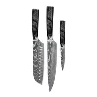 Shinrai Knives - Damascus Print Epoxy Onyx 3-delige Messenset - Koksmes + Santoku + Schilmes Messenset Shinrai Knives