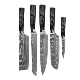 Couteaux Shinrai - Ensemble de 5 couteaux en résine époxy et onyx imprimé Damas - Couteau de chef, couteau à pain, couteau Nakiri, couteau Santoku et couteau d'office Shinrai Knives - Damascus Print Epoxy Onyx 5-delige Messenset - Koksmes + Broodmes + Nakiri + Santoku + Schilmes Messenset Shinrai Knives
