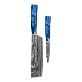 Couteaux Shinrai - Ensemble de 2 couteaux en époxy et saphir imprimé Damas - Nakiri + couteau d'office Shinrai Knives - Damascus Print Epoxy Sapphire 2-delige Messenset - Nakiri + Schilmes Messenset Shinrai Knives