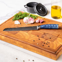 Couteaux Shinrai - Coffret de 5 couteaux en résine époxy saphir à motif damassé - Couteau de chef + Couteau à pain + Nakiri + Petit Santoku + Couteau d'office