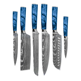 Saphir époxy imprimé Damas japonais - Ensemble de couteaux 6 pièces Shinrai Knives - Damascus Print Epoxy Sapphire - 6-delige Messenset Messenset Shinrai Knives