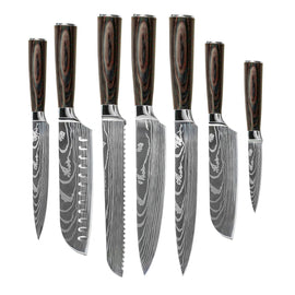 Shinrai Knives - Damascus Print set de couteaux 7 pièces  Shinrai Knives - Damascus Print Mega Bundel - All you need Messenset met blok, snijplank en slijpsteen Shinrai Knives