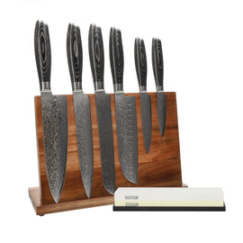 Couteaux Shinrai - Ensemble de 6 couteaux en bois de pakka damassé + bloc à couteaux + pierre à aiguiser Shinrai Knives - Damast Pakka Wood 6-delige Messenset + Messenblok + Slijpsteen Messenset met blok en slijpsteen Shinrai Knives