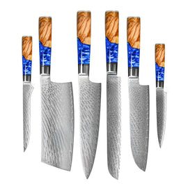 Shinrai Knives - Ensemble de couteaux Damas 6 pièces Epoxy Sapphire Shinrai Knives - Epoxy Sapphire 6-delige Damascus Messenset Messenset Shinrai Knives