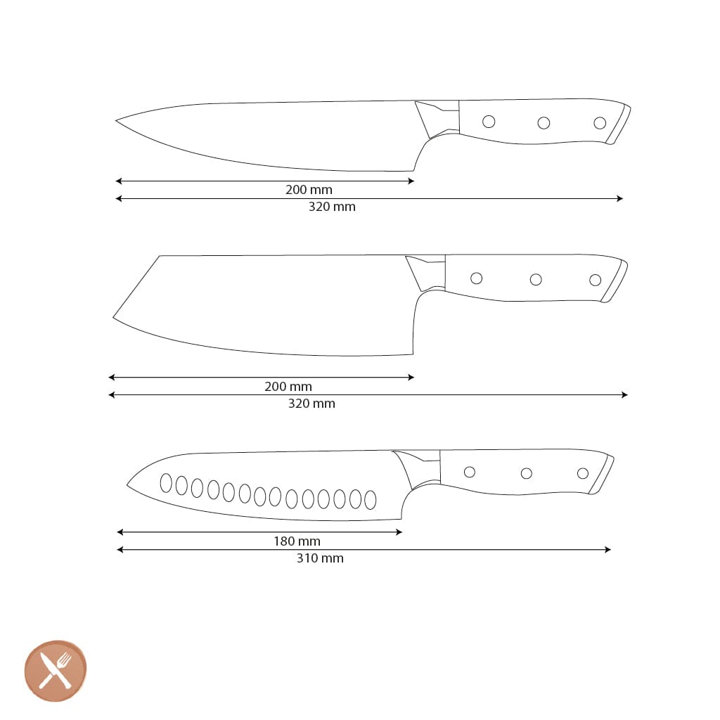 Couteaux Shinrai - Coffret de 3 couteaux damas ornés de nacre - Couteau de chef + Nakiri + Santoku