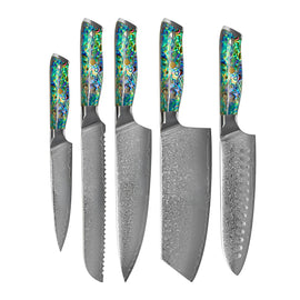 Ensemble de couteaux Damas 5 pièces série Mother of Pearl Jewels Shinrai Knives - Parelmoer Jewels 5-delige Messenset + Messenblok Stans Messenset met blok Shinrai Knives