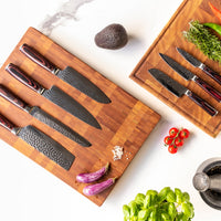 Hammered RVS 6-delige Messenset + Acacia houder enkelzijdig Messensets Shinrai Japan