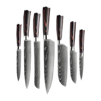 Messenset Damascus print 7-delig + Acacia Houder dubbelzijdig Messensets Shinrai Japan
