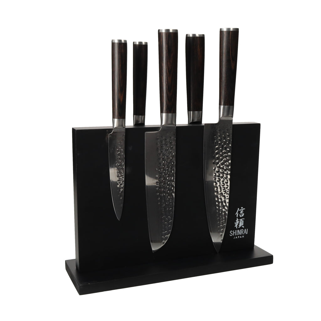 Shinrai Japan - Ensemble de couteaux 5 pièces Hammered Damask BR + bloc de couteaux magnétique double face - Noir