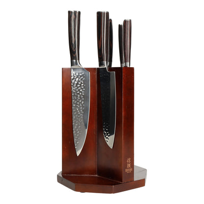 Shinrai Japan - Hammered Stainless Steel 6-piece Knife Set + Magnetic Knife Block Tribus - Acacia wood