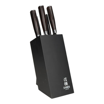 Shinrai Japan - Damascus Print 7-piece Knife Set + Universal Knife Block Obliquus - Acacia wood