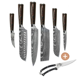 Shinrai Knives - Damascus Print 6-piece Knife Set + Free Game Cutter