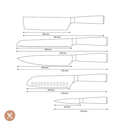 Shinrai Knives - Damascus Print 5-Piece Knife Set - Chef's Knife + Bread Knife + Nakiri + Santoku + Paring Knife