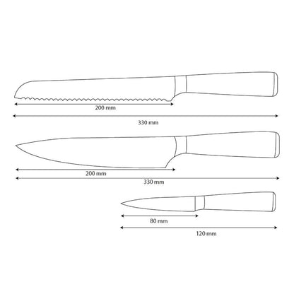 Shinrai Knives - Damascus Print 3-Piece Knife Set - Chef's Knife + Bread Knife + Paring Knife