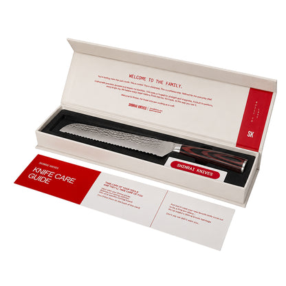 Shinrai Knives - Hammered Stainless Steel 4-Piece Knife Set - Chef's Knife + Bread Knife + Nakiri + Paring Knife