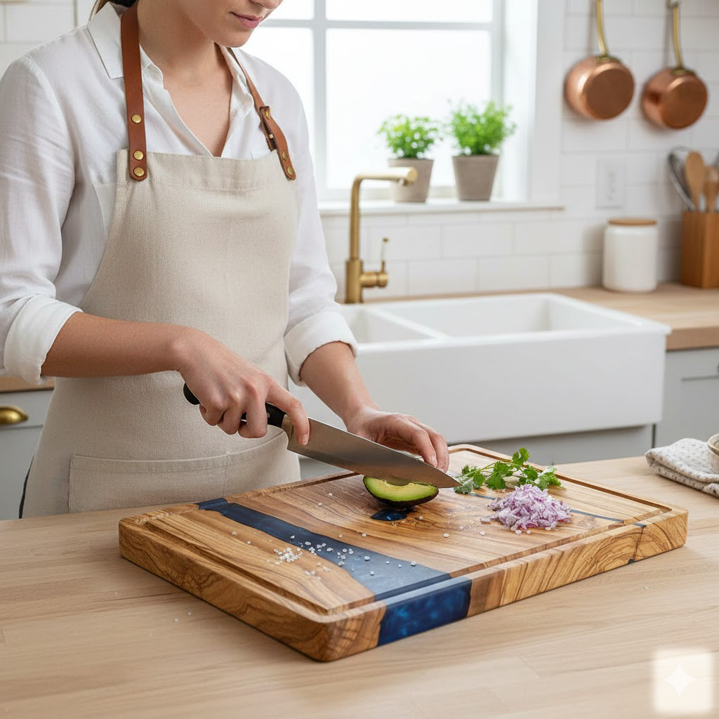 Shinrai Knives - Epoxy Sapphire Cutting Board Olive Wood - 40 x 30 x 3 cm