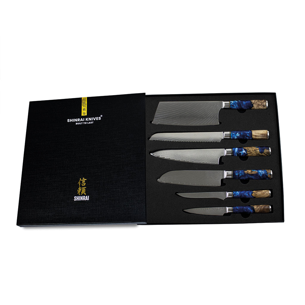 Shinrai Knives - Epoxy Sapphire 6-piece Damascus Knife Set + Magnetic Knife Block Scalae - Acacia wood