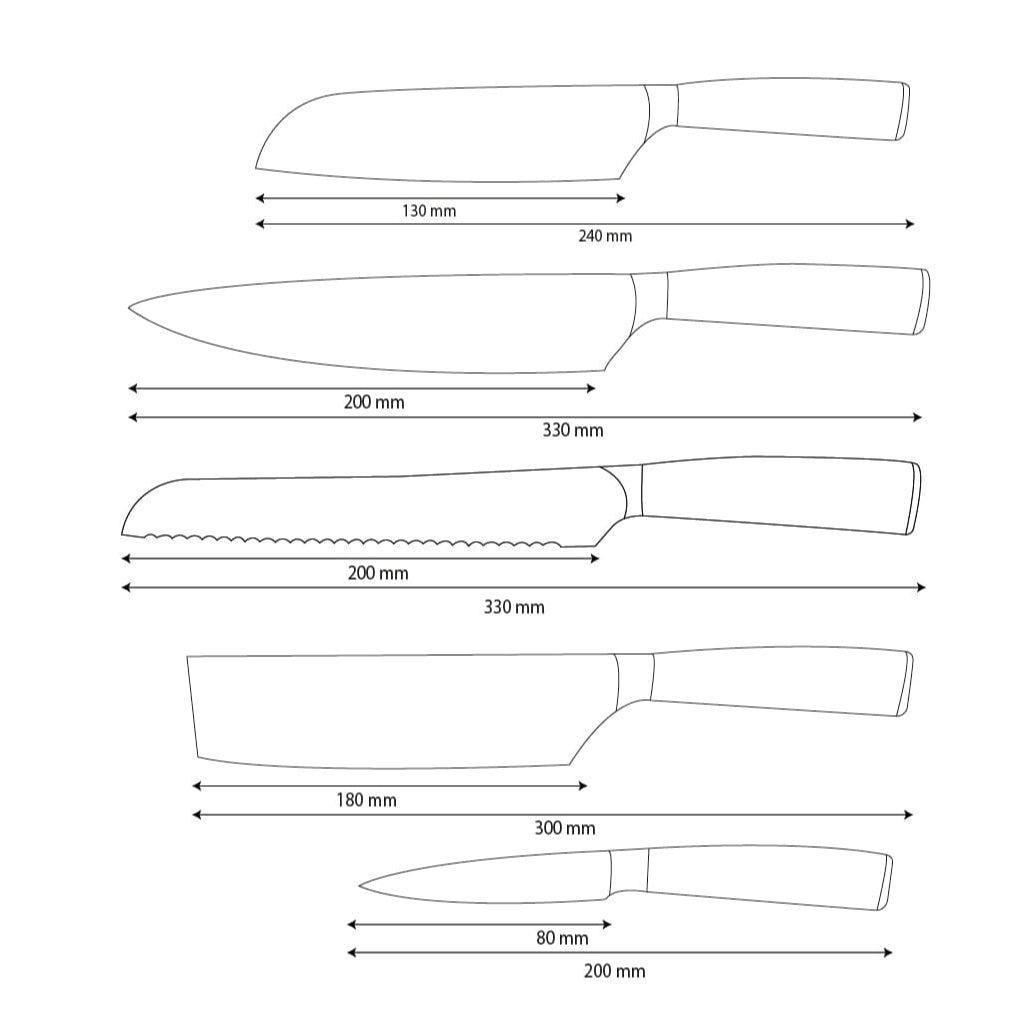 Shinrai Knives - Ensemble de 5 couteaux en acier inoxydable martelé - Couteau de chef + Couteau à pain + Nakiri + Petit Santoku + Couteau d'office