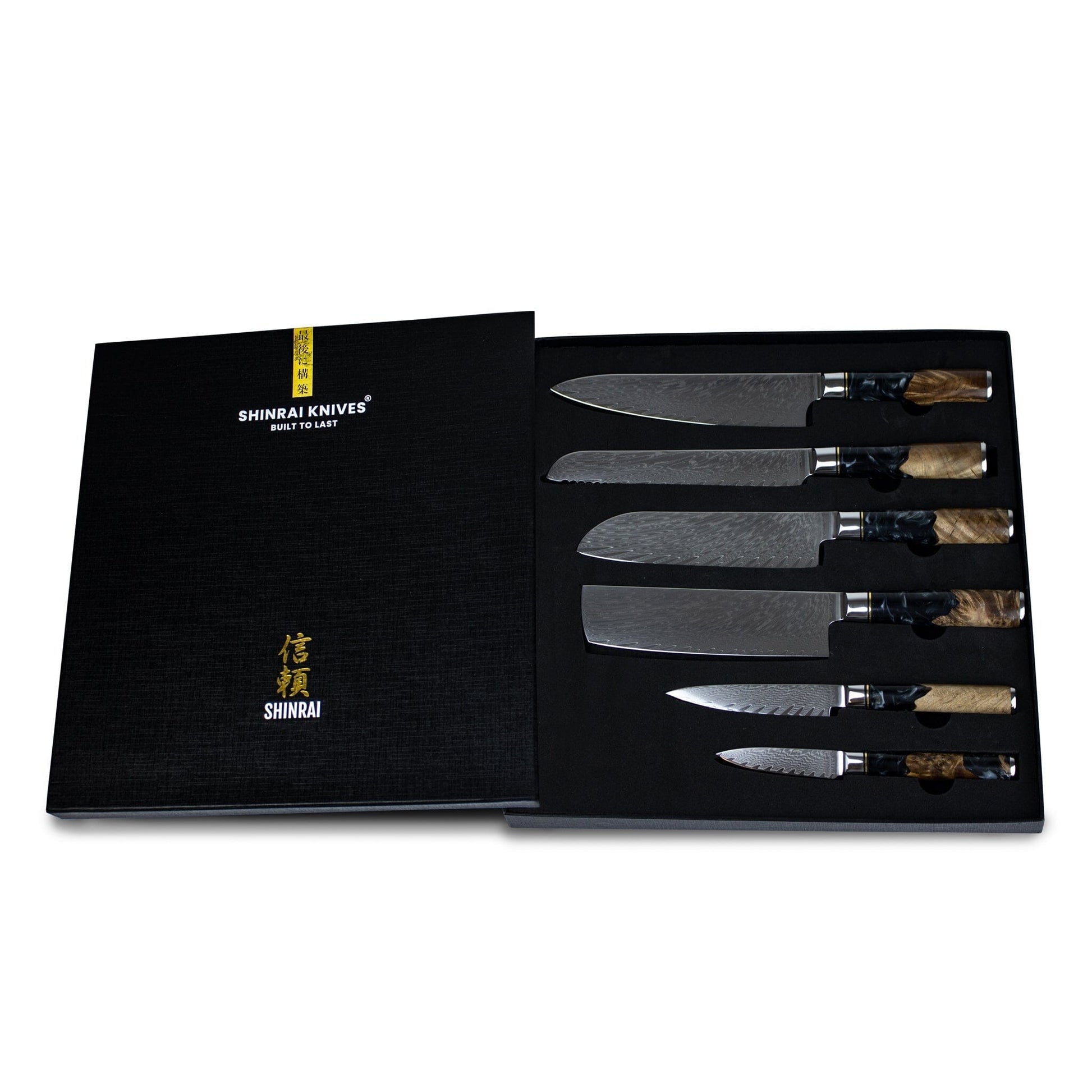 Epoxy Onyx 6-delige Damascus Messenset + Magnetisch Messenblok Enkelzijdig Messenset met blok Shinrai Knives 