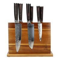 Hammered RVS 6-delige Messenset + Acacia houder dubbelzijdig Messenset met blok Shinrai Knives 
