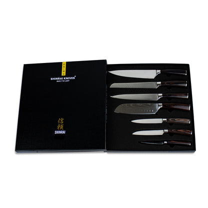 Couteaux Shinrai - Ensemble de 7 couteaux imprimés Damas + bloc à couteaux perforateur