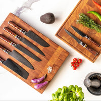 Shinrai Japan - Micarta Jewels 7-delige Damascus Messenset + Magnetisch Messenblok Dubbelzijdig - Zwart Shinrai Japan 