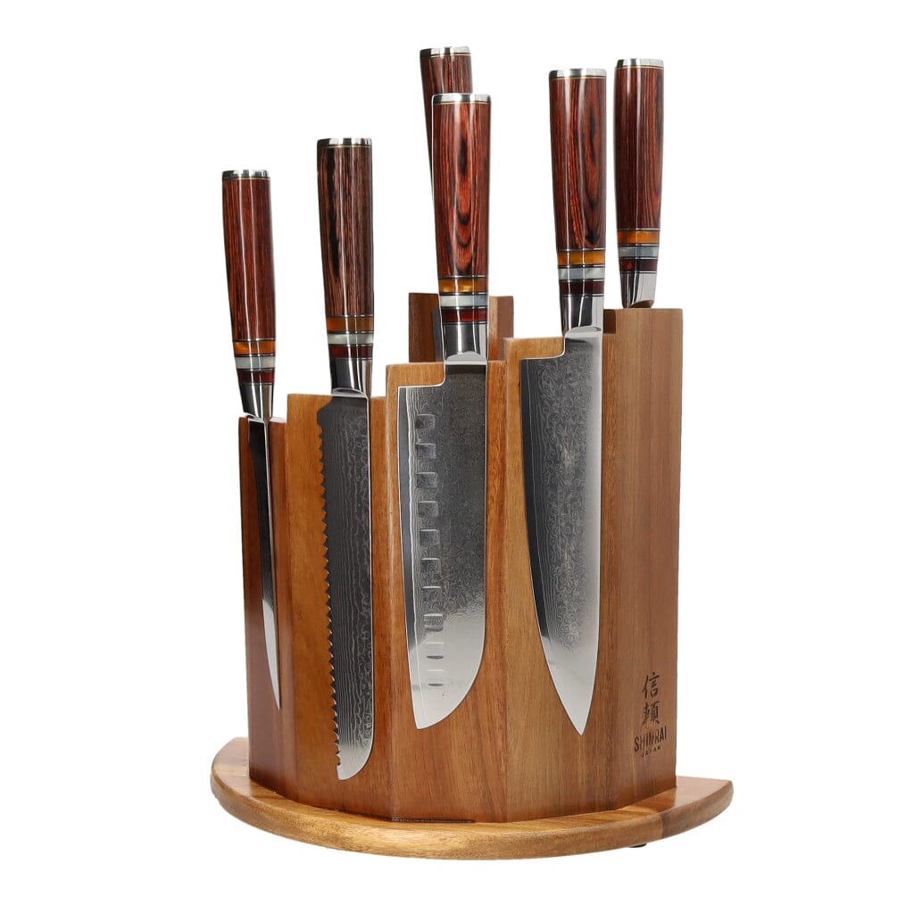 Shinrai Japan - Micarta Jewels 7-delige Damascus Messenset + Magnetisch Messenblok Scalae - Acacia hout Messenset met blok Shinrai Japan 
