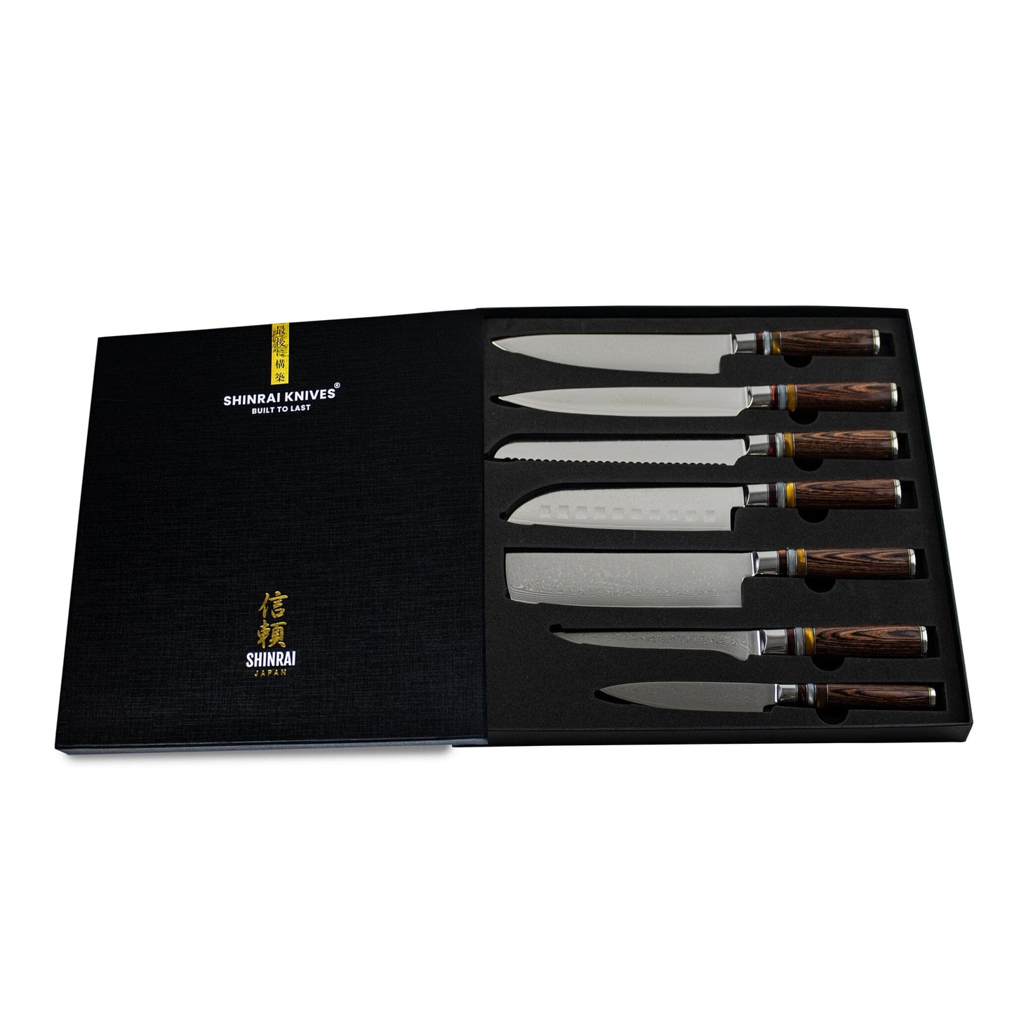 Shinrai Japan - Micarta Jewels 7-delige Damascus Messenset + Magnetisch Messenblok Scalae - Acacia hout Shinrai Japan 