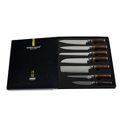 Shinrai Japan - Micarta Jewels 7-delige Damascus Messenset + Magnetisch Messenblok Scalae - Acacia hout Shinrai Japan 
