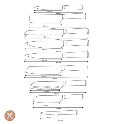 Shinrai Knives - Damascus Print 9-delige Messenset Messenset Shinrai Knives 