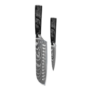 Couteaux Shinrai - Coffret de 2 couteaux en époxy onyx à motif damassé - Santoku + couteau d'office