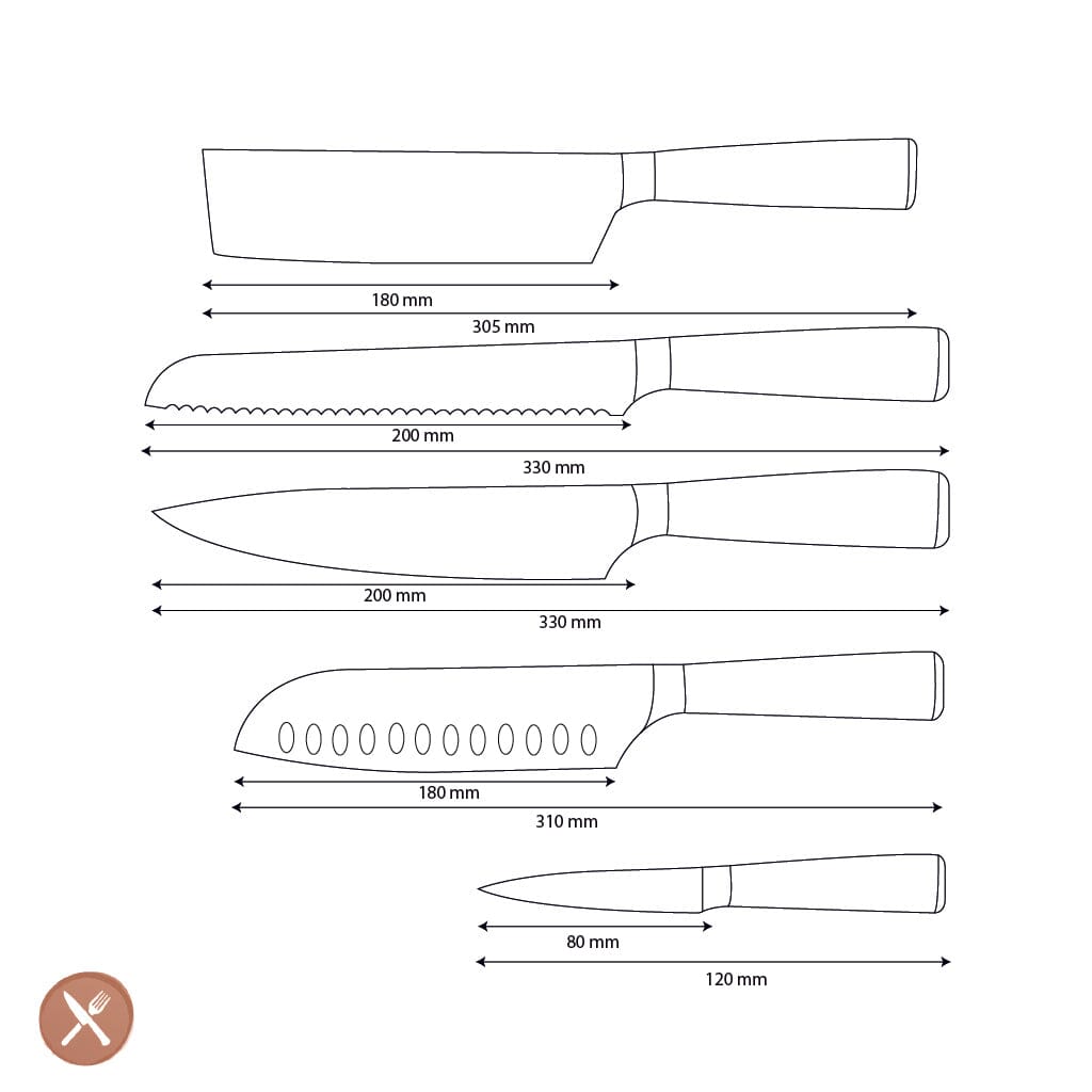 Shinrai Knives - Damascus Print Epoxy Sapphire 5-delige Messenset - Koksmes + Broodmes + Nakiri + Santoku + Schilmes Messenset Shinrai Knives 
