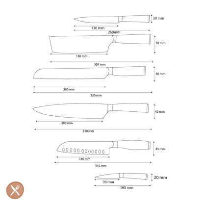 Shinrai Knives - Damascus Print Epoxy Sapphire - 6-delige Messenset Messenset Shinrai Knives 