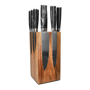 Couteaux Shinrai - Coffret de 9 couteaux en onyx imprimé damas + bloc à couteaux. Coffret de couteaux rotatifs avec bloc. Couteaux Shinrai