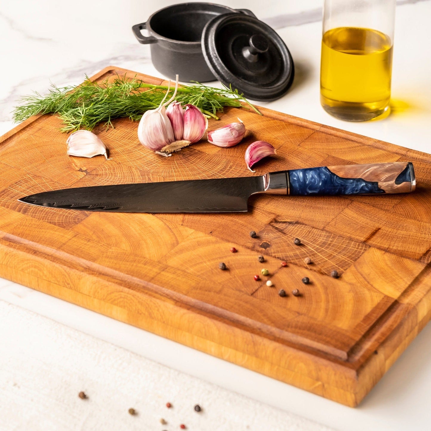 Shinrai Knives - Epoxy Sapphire 2-delige Damascus Messenset - Koksmes + Santoku mes Messenset Shinrai Knives 