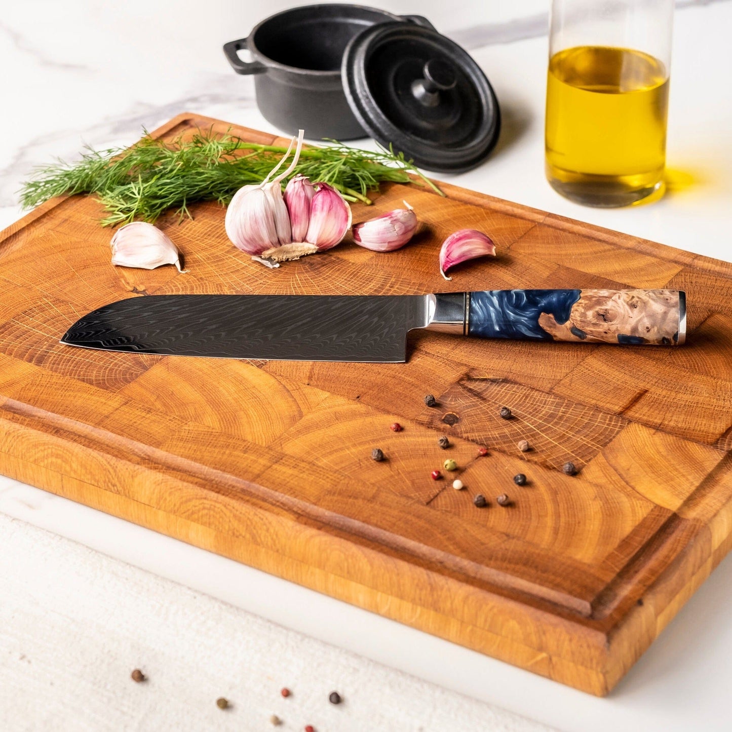 Shinrai Knives - Epoxy Sapphire 2-delige Damascus Messenset - Koksmes + Santoku mes Messenset Shinrai Knives 