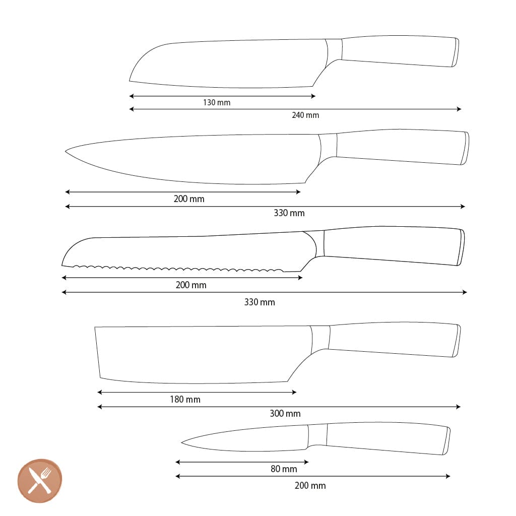 Shinrai Knives - Hammered RVS 5-delige Messenset - Koksmes + Broodmes + Nakiri + Kleine Santoku + Schilmes Messenset Shinrai Knives 