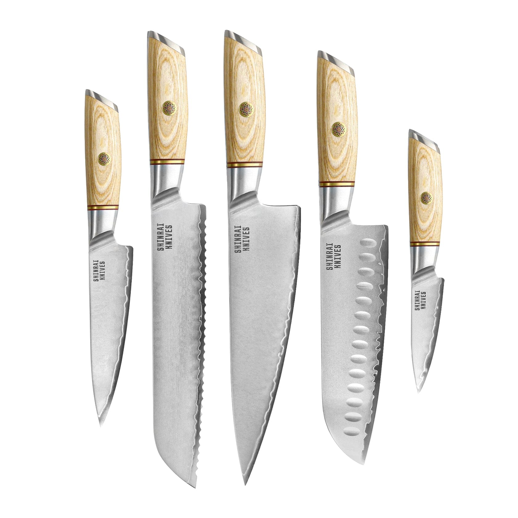 Couteaux Shinrai - Coffret de 5 couteaux Hikari Damas + Bloc à couteaux double face