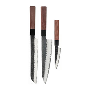 Couteaux Shinrai - Coffret de 3 couteaux damas Kurayami - Couteau de chef + Couteau à pain + Couteau d'office
