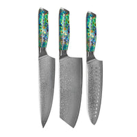 Shinrai Knives - Parelmoer Jewels 3-delige Damascus Messenset - Koksmes + Nakiri + Santoku Messenset Shinrai Knives 